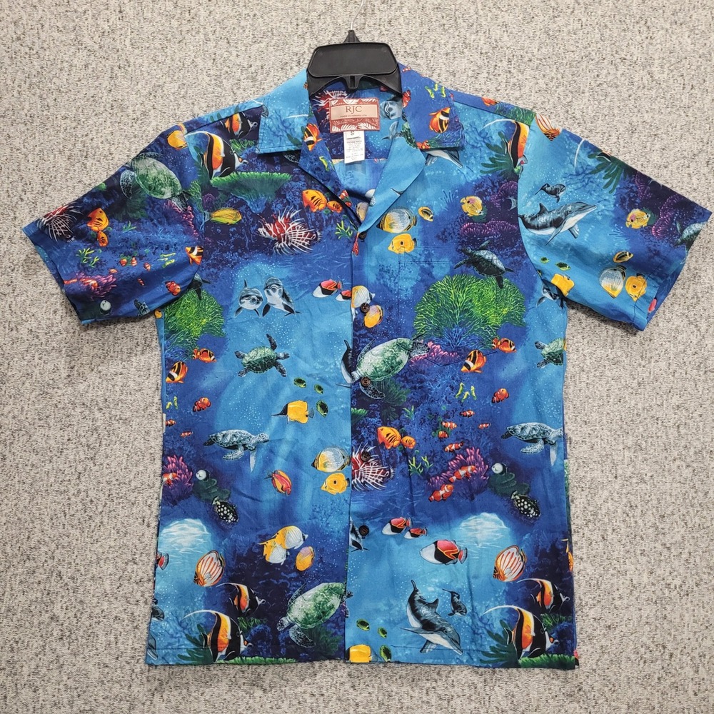 RJC Hawaiian Shirt Mens Small Blue Sea Life Turtle Dolphin Tropical Fish 102C